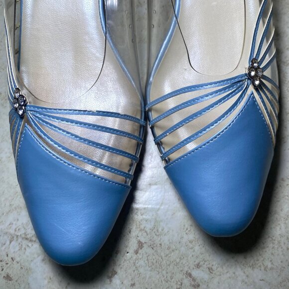 Vintage Womens Princess Blue Pumps Clear Sides Silver Accents Retro Prom Wedding - Picture 7 of 12